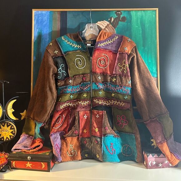 Rising International Hoodie Womens Multicolor Boho Embroidered Zip Jacket Small - Picture 2 of 16